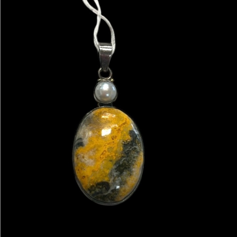 Vntg 925 sterling silver pearl & yellow bumblebee jasper oval necklace pendant